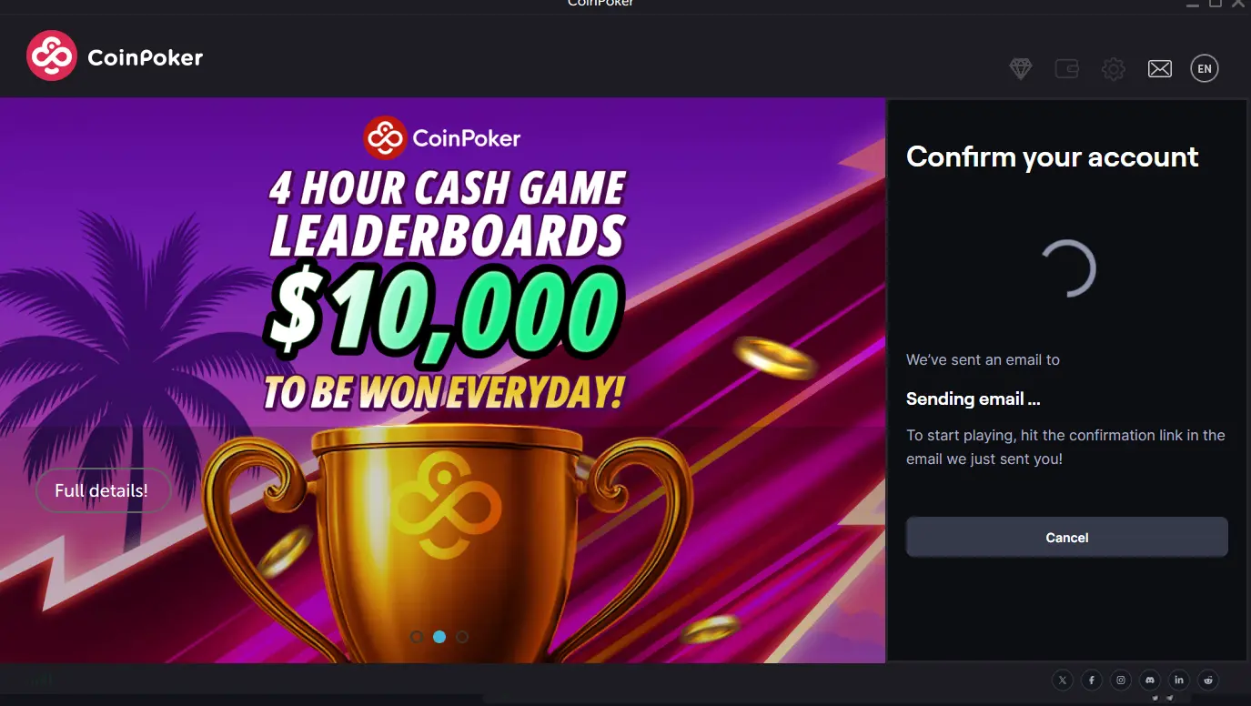 A screenshot of the email verification step on CoinPoker app