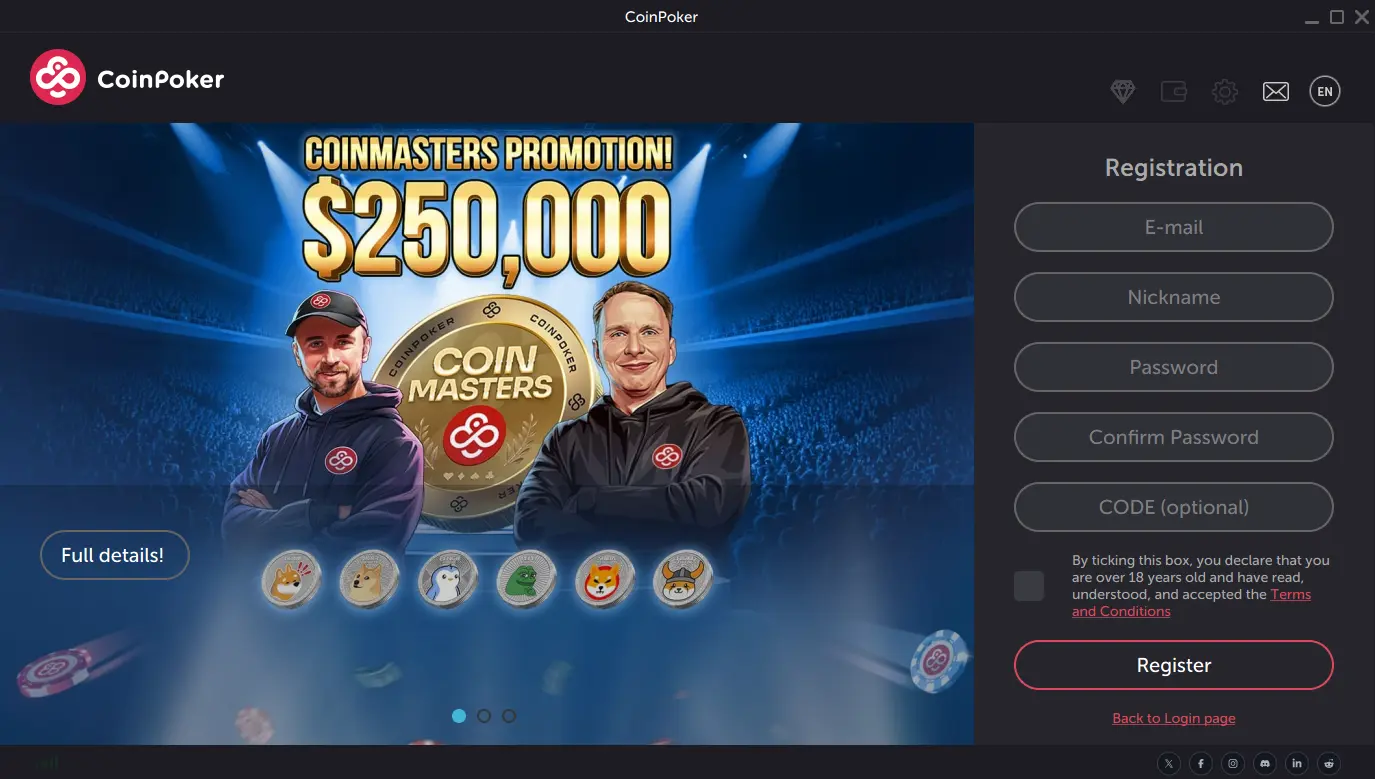 A screenshot of the registration interface on CoinPoker app