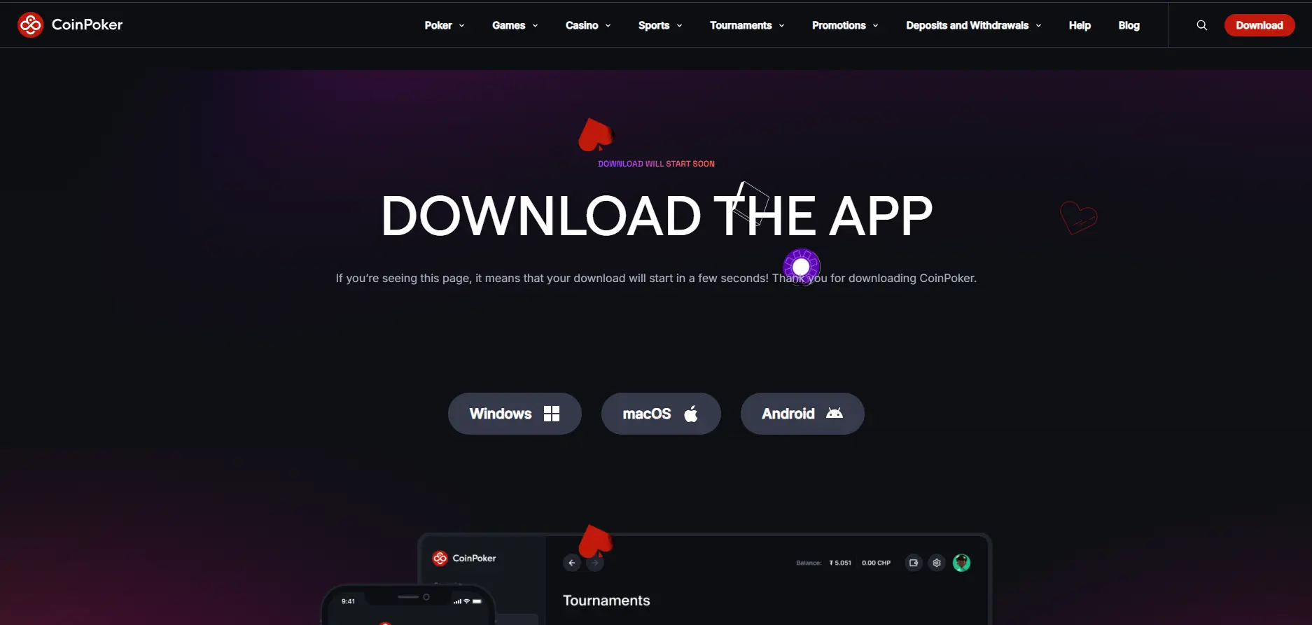 A screenshot of CoinPoker Download page