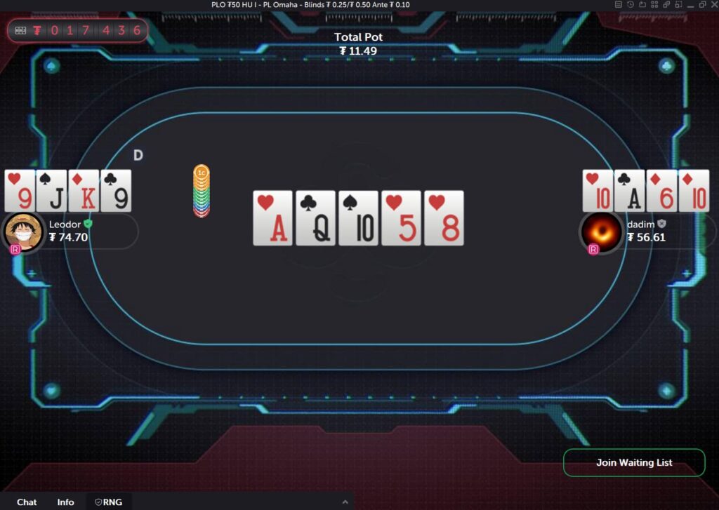 A player gets a straight from 10 to Ace on the flop, while the opponent has a set of 10s, ranked lower than a straight.
