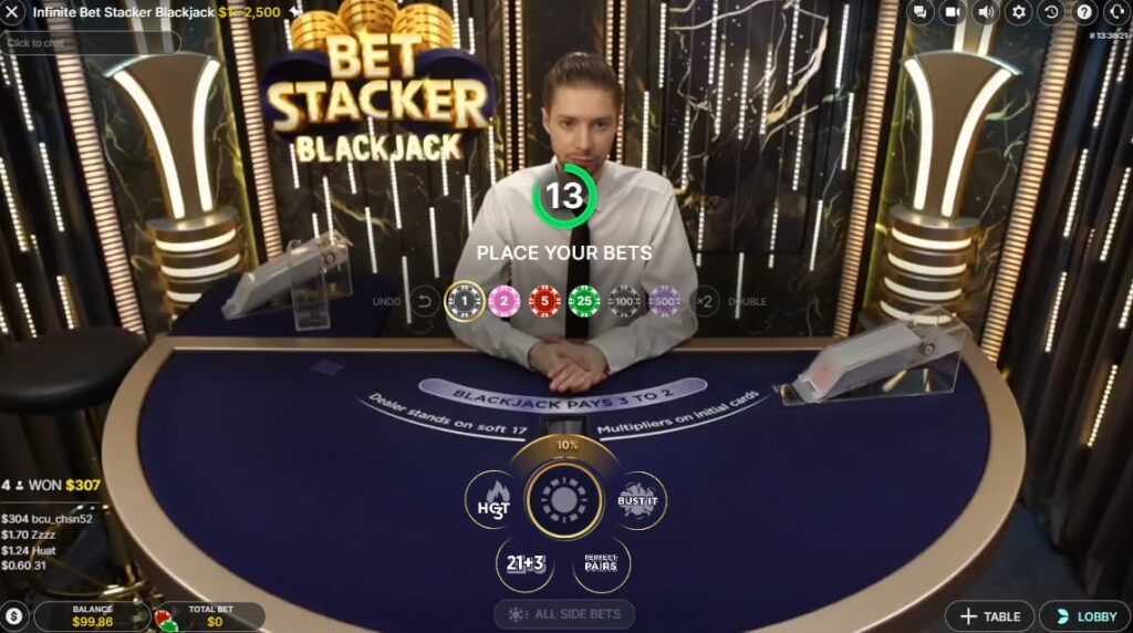 A player decides to bet, sit out, or consider extra bets in a game of Bet Stacker Blackjack on CoinCasino.