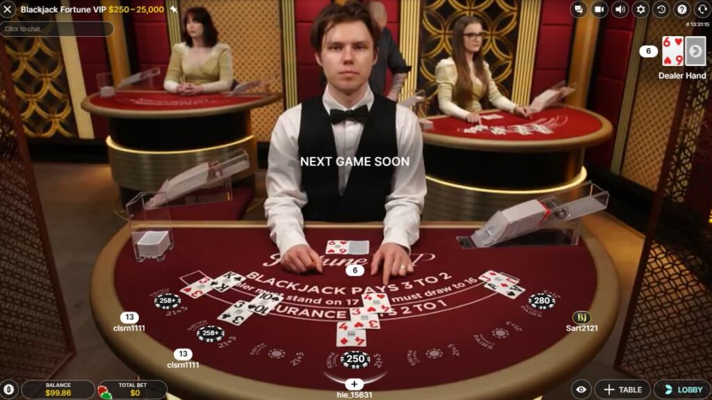 A player has 21, while other players still have decisions to make in a game of Blackjack Fortune VIP on a crypto casino.