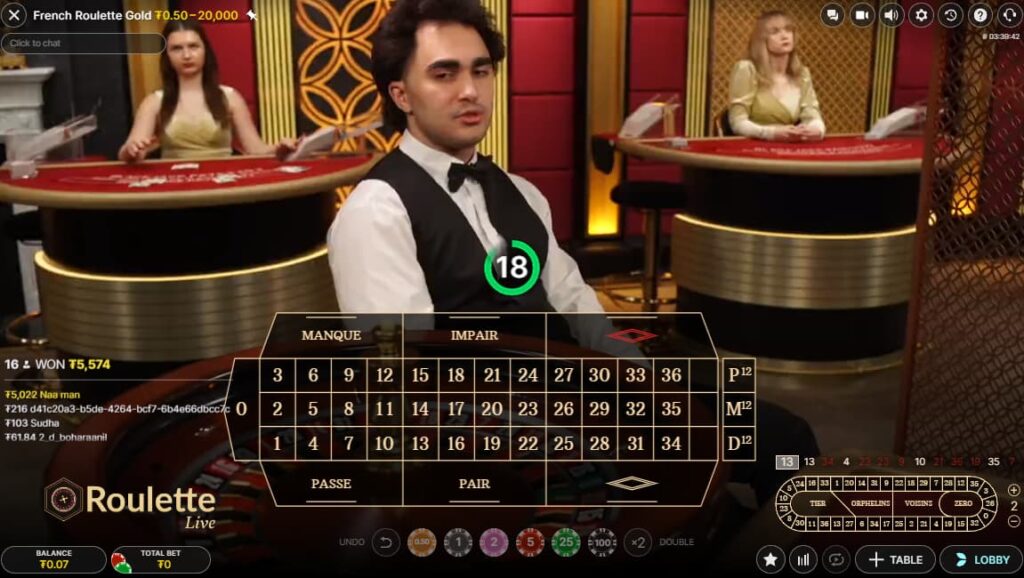 A live roulette game of French Roulette on the CoinPoker Casino app.