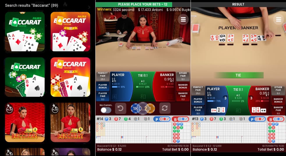 The mobile baccarat app screen, with two games of baccarat being played on the CoinPoker Casino app.