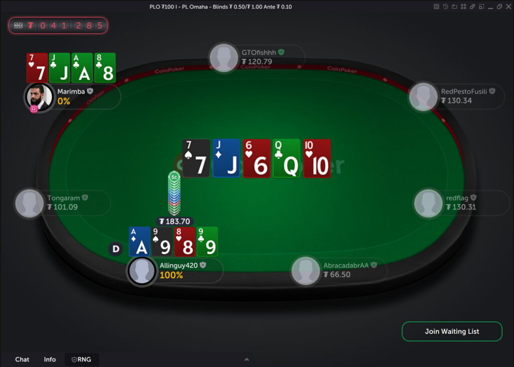 A game of PLO poker in cash game form on the CoinPoker online poker app.