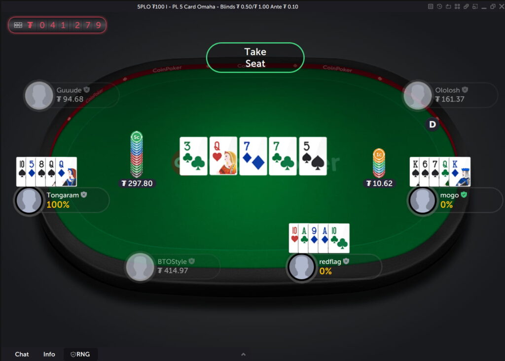 A game of PLO5 poker in cash game form on the CoinPoker online poker app.