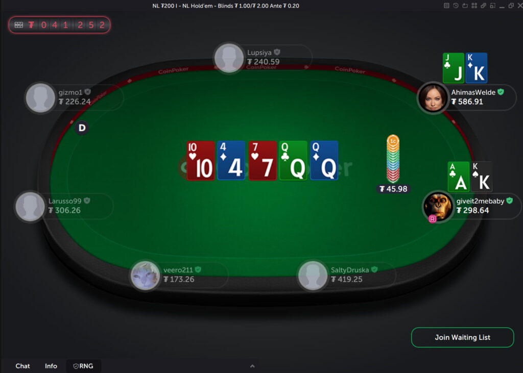A game of Texas Hold'em poker in cash game form on the CoinPoker online poker app.