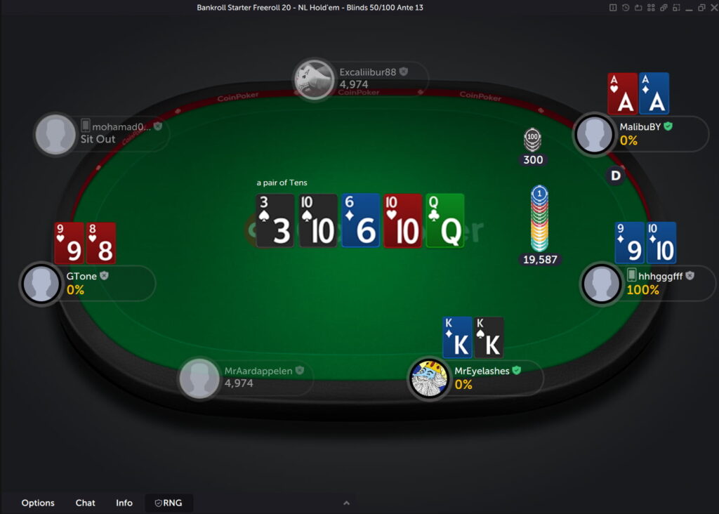 A Texas Hold'em freeroll poker tournament in on the CoinPoker online poker app.