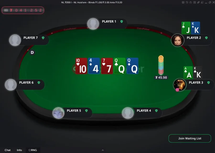 Two players in a No Limit Texas Holdem cash game showdown, and one wins with two pair and their Ace kicker (A-K-Q-Q-T), while the other loses because of their lower kicker (J-K-Q-Q-T).