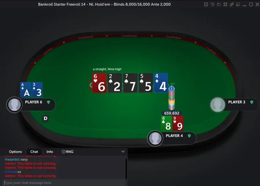 Two players in a No Limit Texas Holdem tournament showdown, one has a straight from 3 to 7 and the other has a straight from 5 to 9.