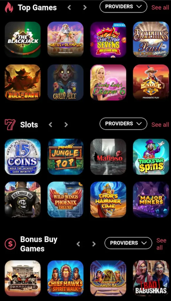 A screenshot of the CoinPoker Casino app lobby, showing top games, slots, and bonus buy games.