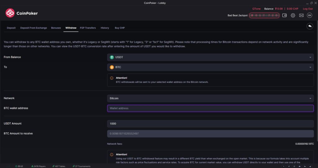 A screenshot of the Bitcoin withdrawal process on the CoinPoker cashier.