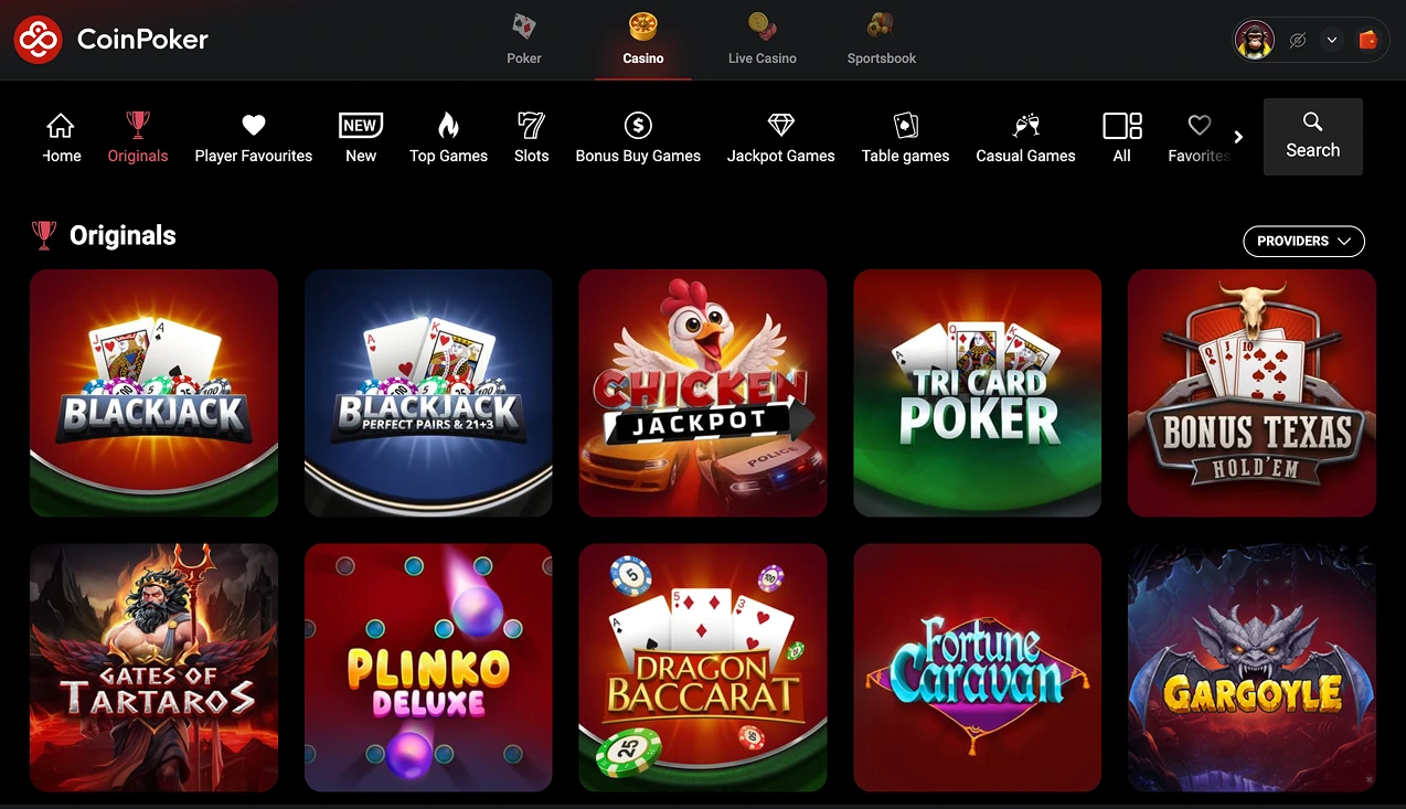 The CoinPoker crypto casino lobby showing original games and other titles from trusted game developers.
