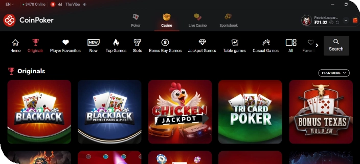 An image of the CoinPoker Casino lobby, showing thumbnails for various new games, top games, and other online casino game variants.