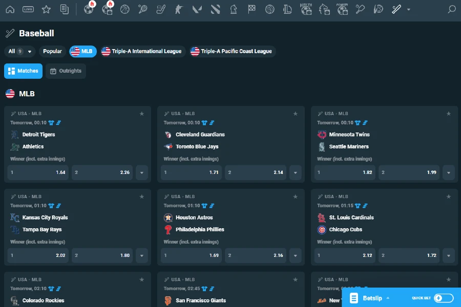 A screenshot of the CoinPoker crypto baseball betting lobby showing various events and betting markets for live or future bets.