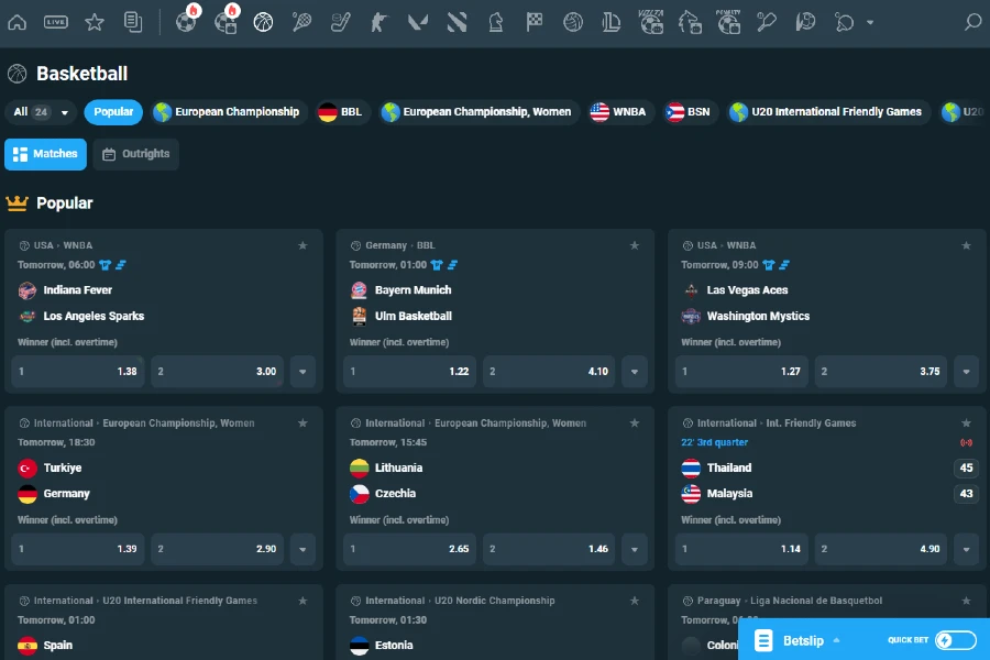 A screenshot of the CoinPoker basketball betting lobby showing various events and betting markets for live or future bets.