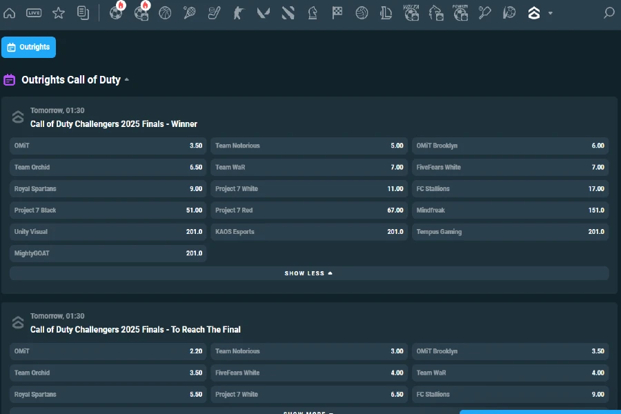 A look at various markets for an upcoming COD Challengers match in the CoinPoker Esports betting app.