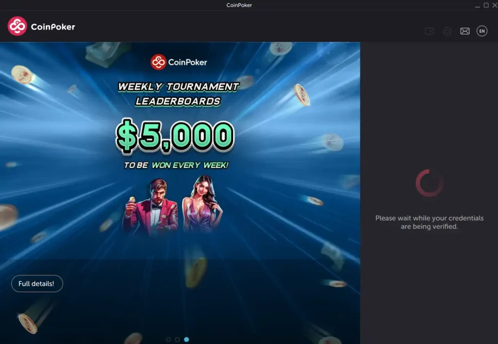 A screenshot shows the CoinPoker online poker app loading after a user enters their email and password.
