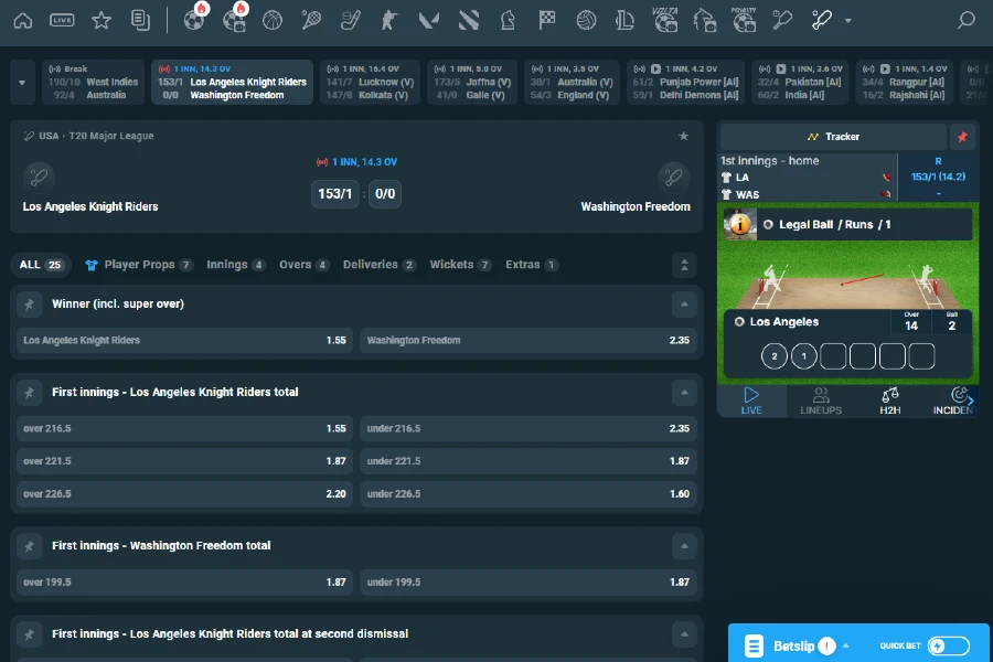 A screenshot shows Cricket betting markets on CoinPoker for a live match.
