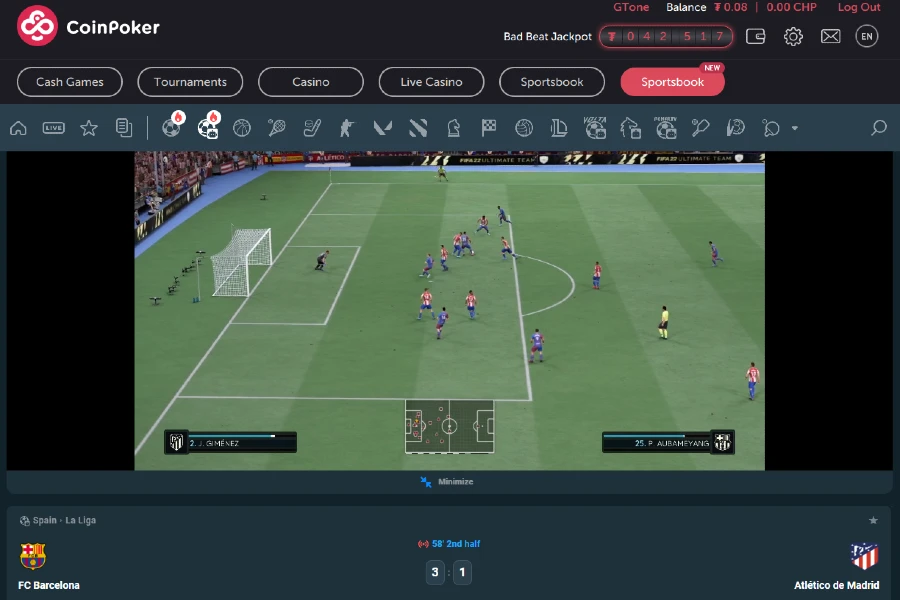A screenshot of the CoinPoker crypto sports betting lobby showing a live FIFA match.