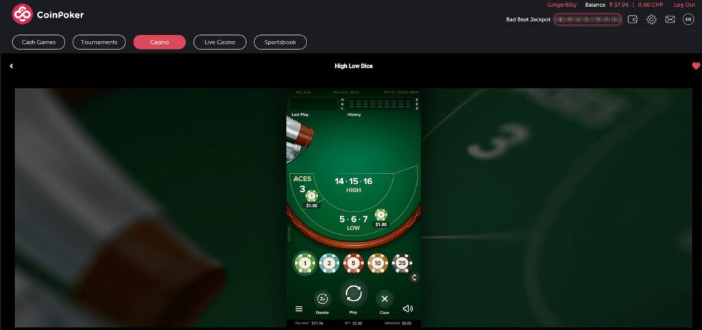 High Low Dice game on CoinPoker Casino.