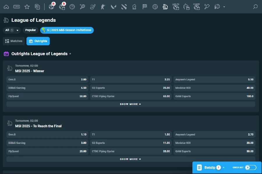 A look at a League of Legends (LOL) event on CoinPoker, ready for outright bets to be placed.