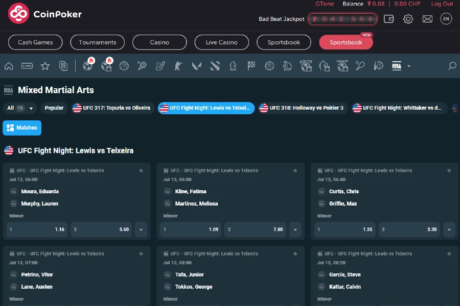 A screenshot showing a spread of upcoming UFC events available for wagers, with updated odds.