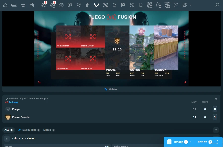 A match of Valorant between Fuego vs. Fusion Esports, with live betting on multiple markets and outcomes.