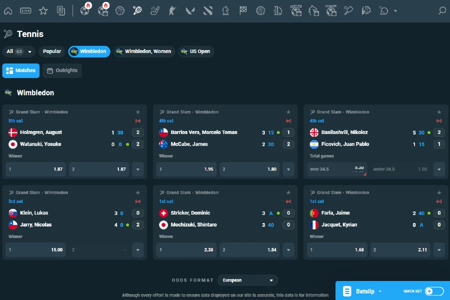 A screenshot of the CoinPoker Wimbledon betting lobby showing various events and betting markets for live or future bets.