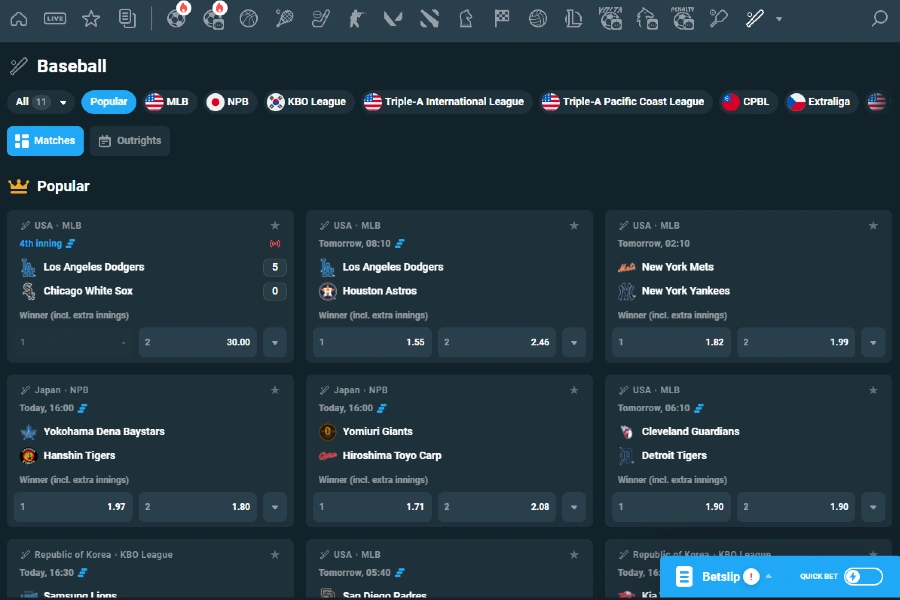 MLB baseball betting lobby at CoinPoker Crypto Sportsbook.