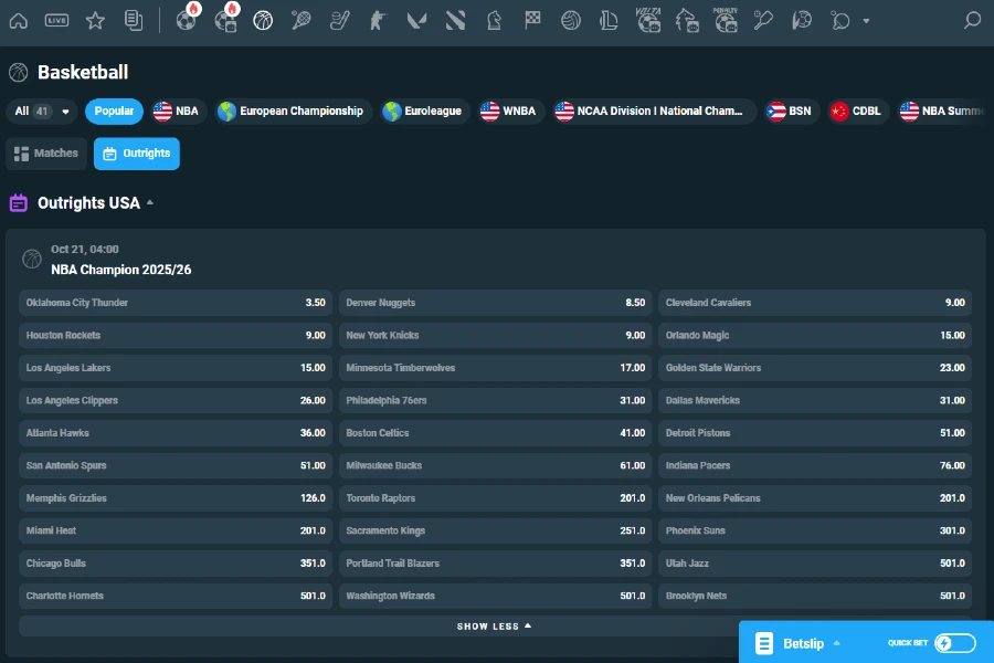 Outright betting markets for NBA Championships 2025-26 on CoinPoker for different NBA teams.