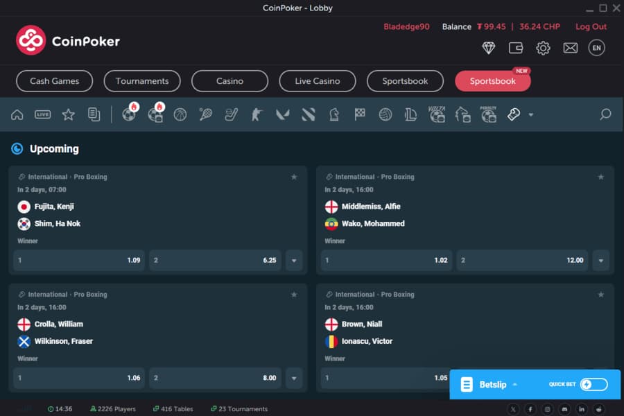 Different boxing betting events on CoinPoker, showing bouts in International match ups.
