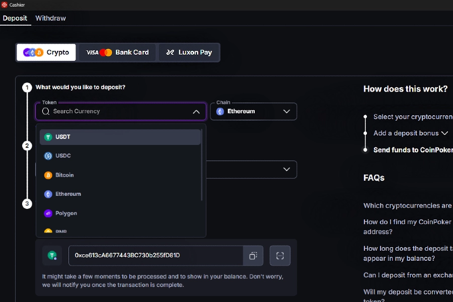 A screenshot shows the CoinPoker Cashier, where users select Ethereum (ETH), a bonus, and send funds to a wallet address.