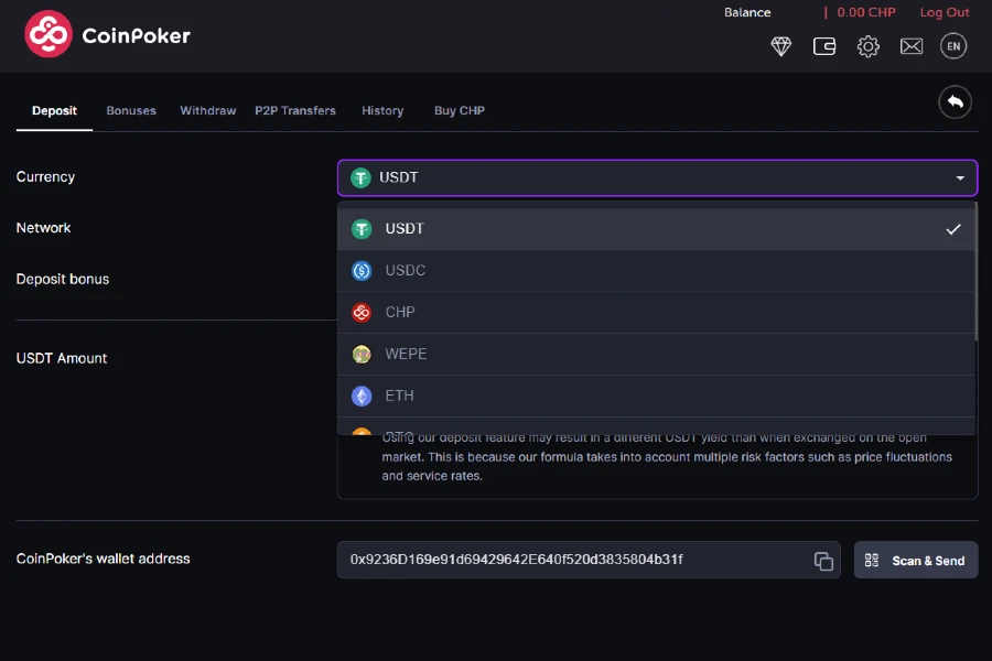 A screenshot showing the CoinPoker Cashier and several crypto deposit options to choose from.