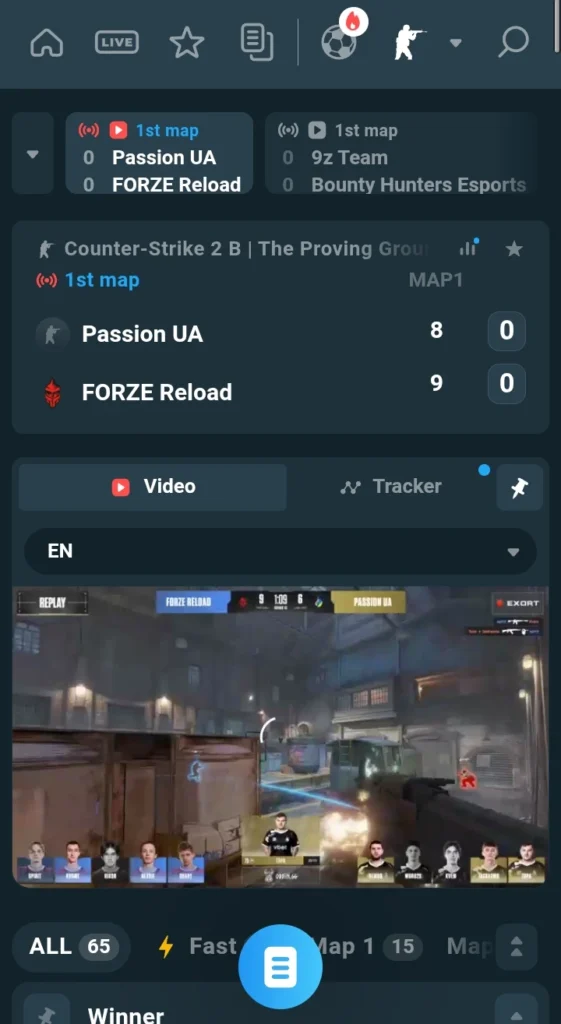 Esports lobby on CoinPoker Sportsbook's mobile betting app, showing Counter-Strike 2 markets for Passion UA vs. Forze Reload match.