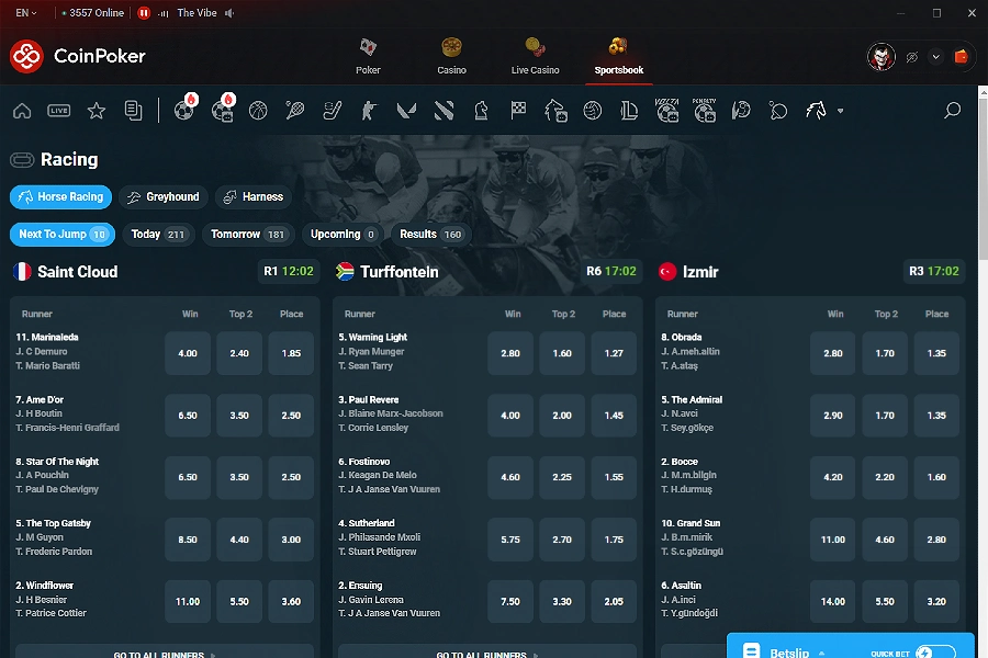 Horse race betting markets on CoinPoker sports betting site, showing events from Awapuni Synthethic and Tamworth in Australia.