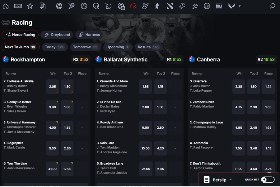Horse Racing 'Next to Jump' betting markets for races in Rockhampton and Canberra on CoinPoker.