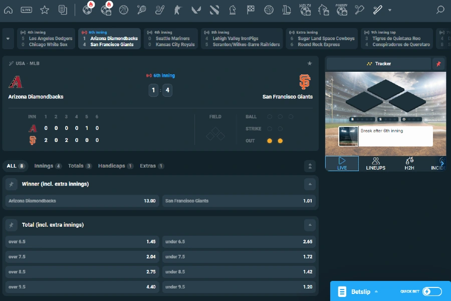 Major League Baseball live betting with statistics on CoinPoker sportsbook.
