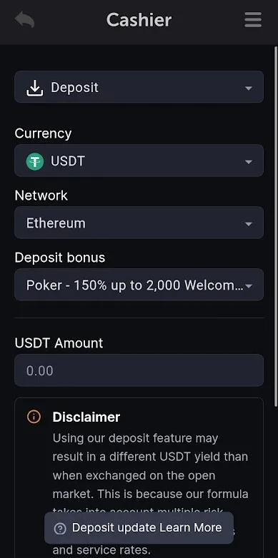 A screenshot shows the CoinPoker Cashier on mobile, where users select a crypto coin, a bonus, and send funds to a wallet address.