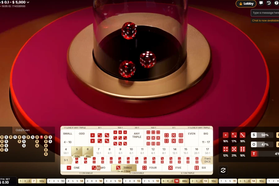 Sic bo live casino game showing 3 dice with payout table and odds, alongside options for placing the bets.