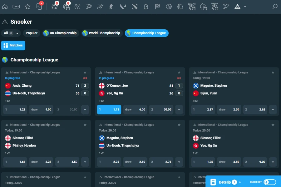 A screenshot shows the Championship League in the snooker betting app on CoinPoker.