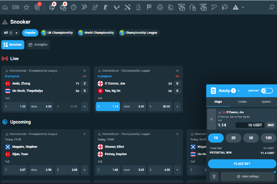 The snooker betting lobby of the CoinPoker sportsbook.