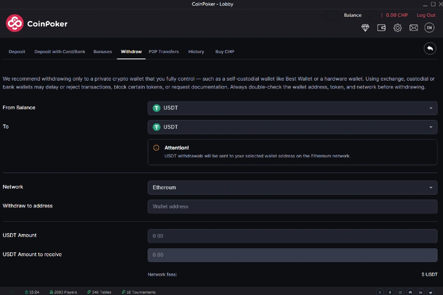 A screenshot shows a withdrawal in the CoinPoker Cashier, where users select crypto-currencies, a network, and withdraw their funds.