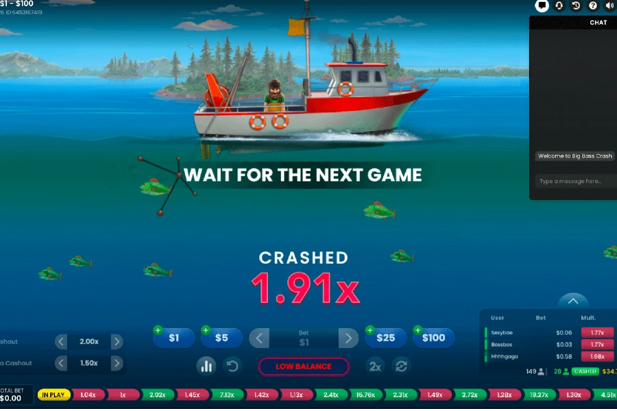 A game of Big Bass Crash on CoinPoker, a leading crypto crash game site.