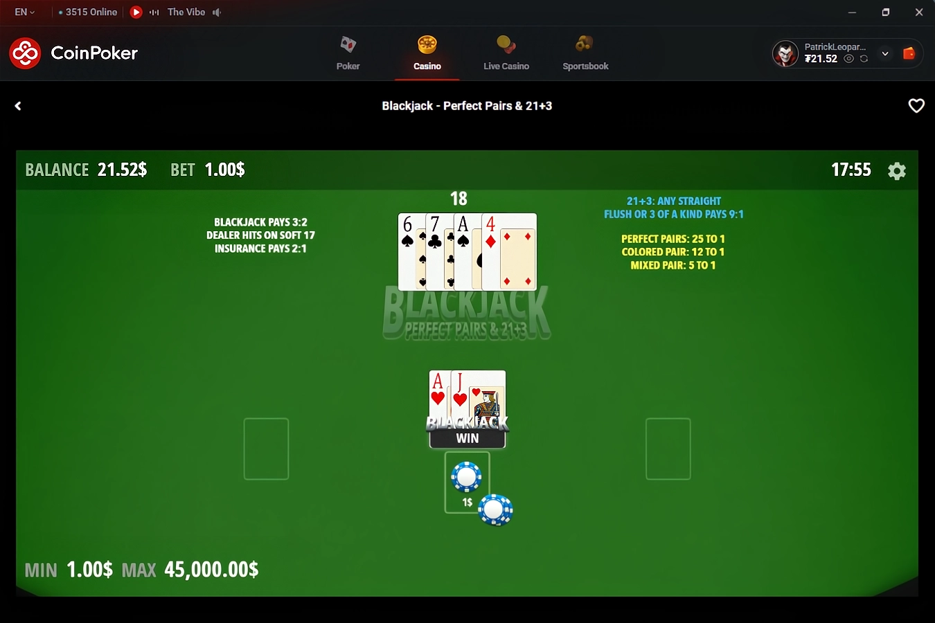 A game of American Blackjack in the CoinPoker Casino.