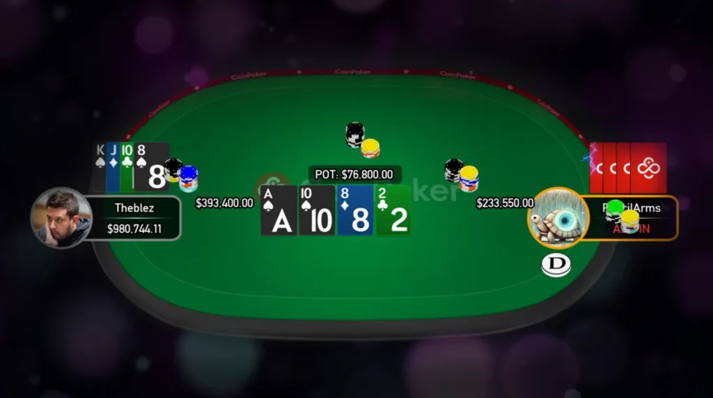 TheBlez vs PencilArms in a high-stakes PLO cash game online at CoinPoker.