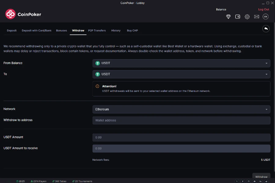 A screenshot shows a withdrawal in the CoinPoker Cashier, where users select crypto-currencies, a network, and withdraw their funds.