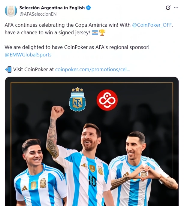 Argentina Football Association tweet about the partnership with official regional sponsor CoinPoker.