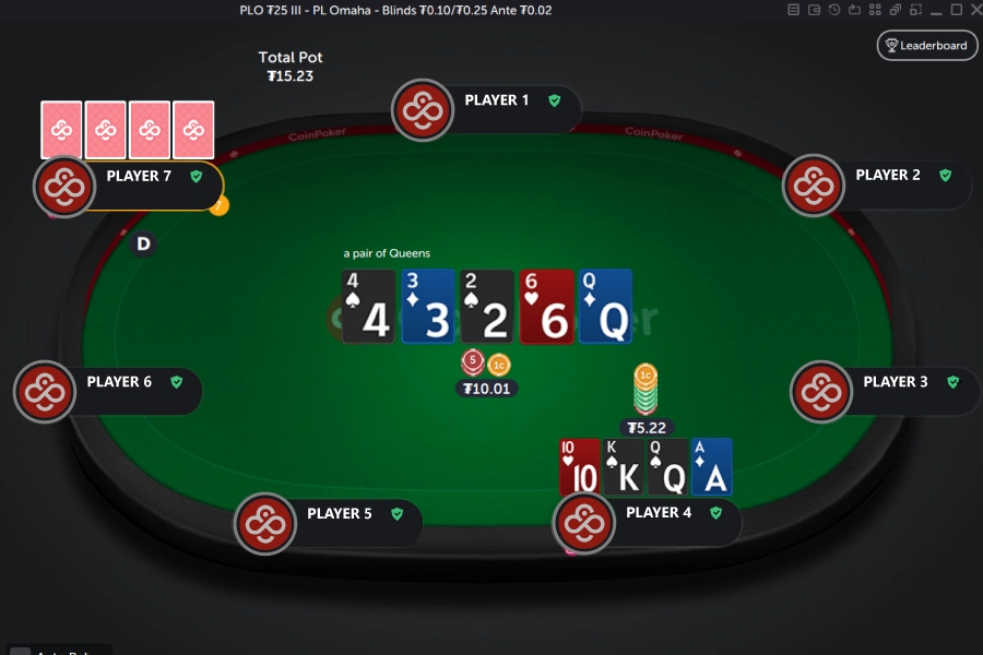 A Pot Limit Omaha hand in action on CoinPoker.