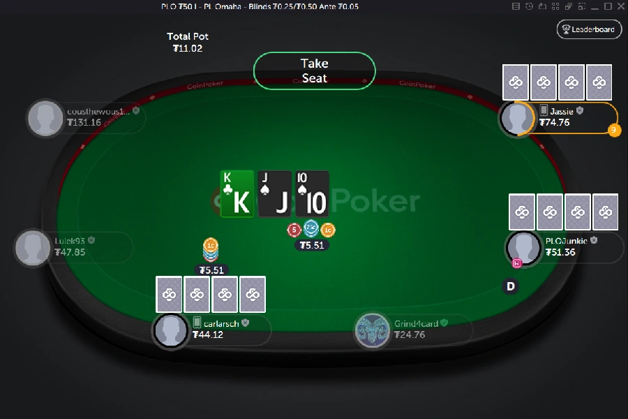 A multi-way pot in a PLO cash game on CoinPoker.